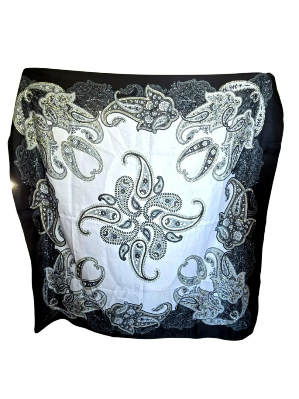 Y2K Black & White Paisley Print Scarf Workwear Accessory Polyester Square JJ4371 - Picture 3 of 6